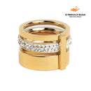 Anel Triplo com Fileira de Pedras Brilhantes Banhado em Ouro 18k