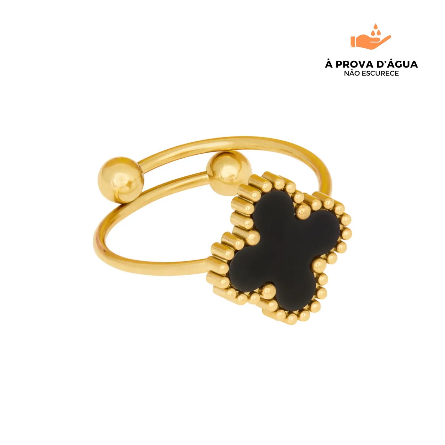 Anel de Trevo Preto Regulável Banhado em Ouro 18k