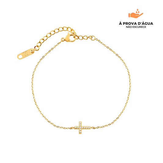 Pulseira Cruz com Pedras Brilhantes Banhada em Ouro 18k