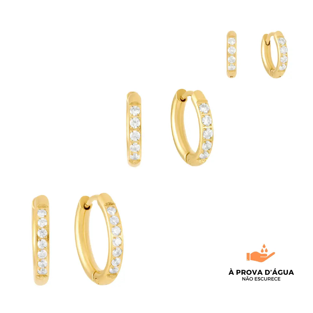 Trio de Brincos de Argola com Pedras Brilhantes Banhados em Ouro 18k