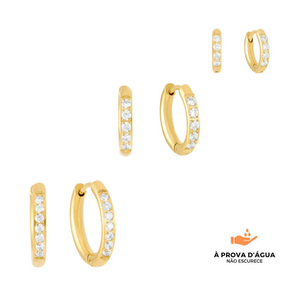 Trio de Brincos de Argola com Pedras Brilhantes Banhados em Ouro 18k