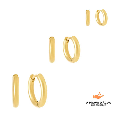 Trio de Brincos de Argola Slim Banhados em Ouro 18k